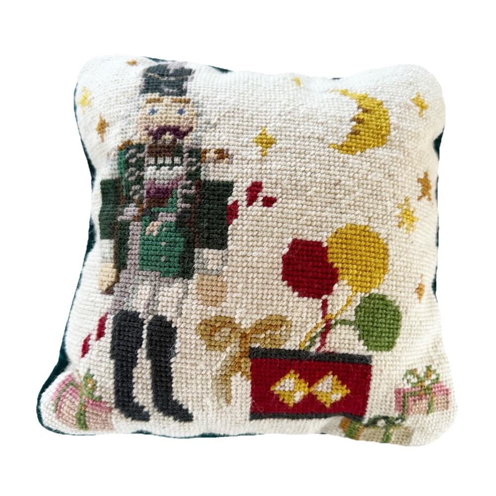 Needlepoint Nutcracker Mini Pillow 8” 8” Green Velvet Back‎ Christmas Decor